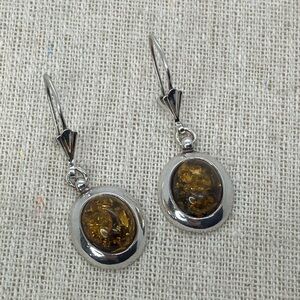 Vtg 925 Sterling Silver Baltic Amber Cabochon Drop Earrings | Art Deco Style